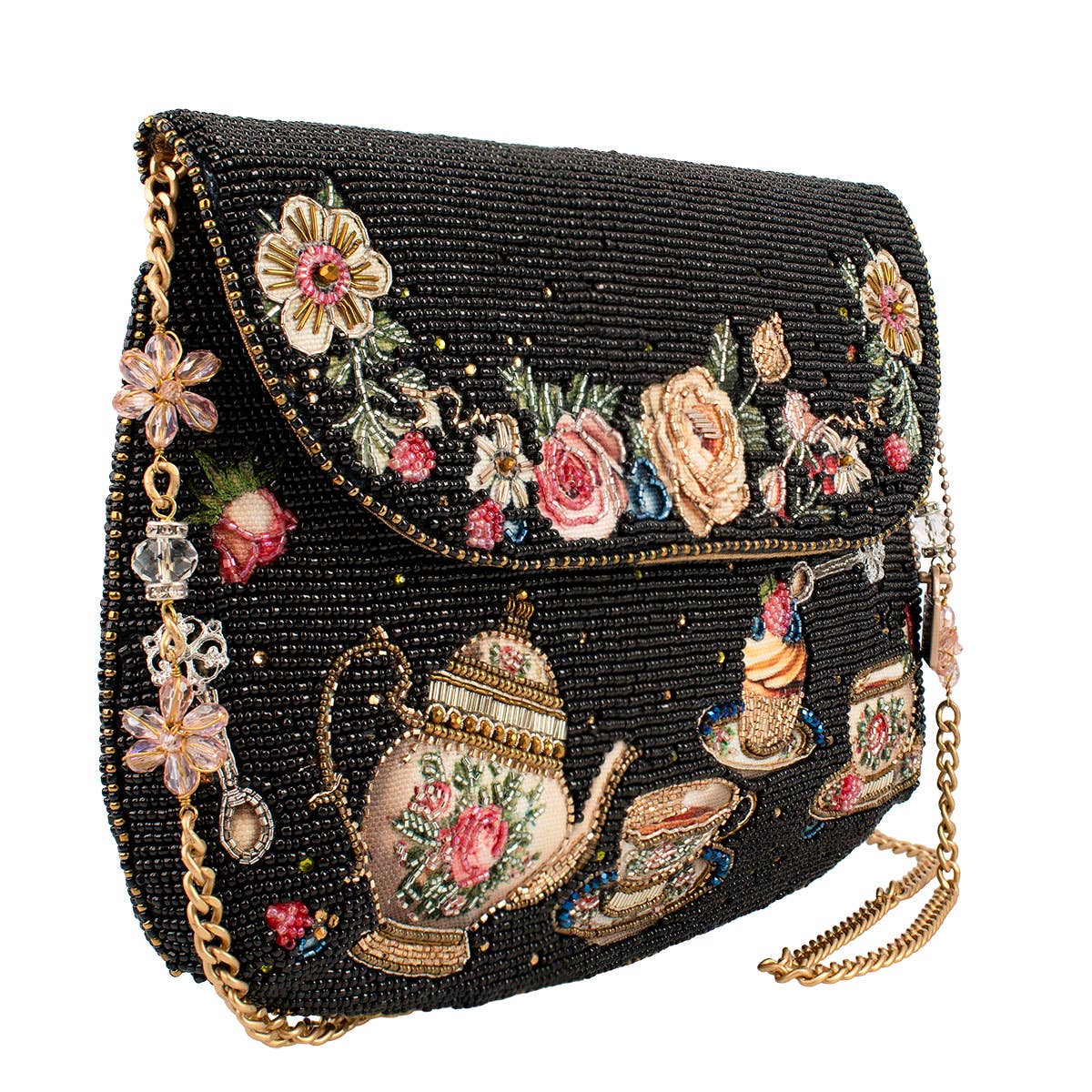 Tea Time Black And Gold Fairytale Beaded Crossbody Handbag