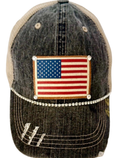 (#46) "TRADITIONAL AMERICAN FLAG" DISTRESSED TRUCKER HAT : BLING / BLUE