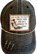 (#139)  "GIVE A GIRL/PAIR OF SHOES" DISTRESSED TRUCKER HAT : BLING / BLACK