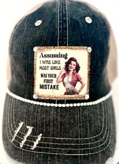 "ASSUMING I WAS LIKE MOST GIRL" DISTRESSED TRUCKER HAT(#252): BLING/ NAVY