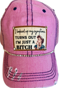 (#258) "I LOOKED UP MY SYMPTOMS" DISTRESSED TRUCKER HAT: BLING/ PINK