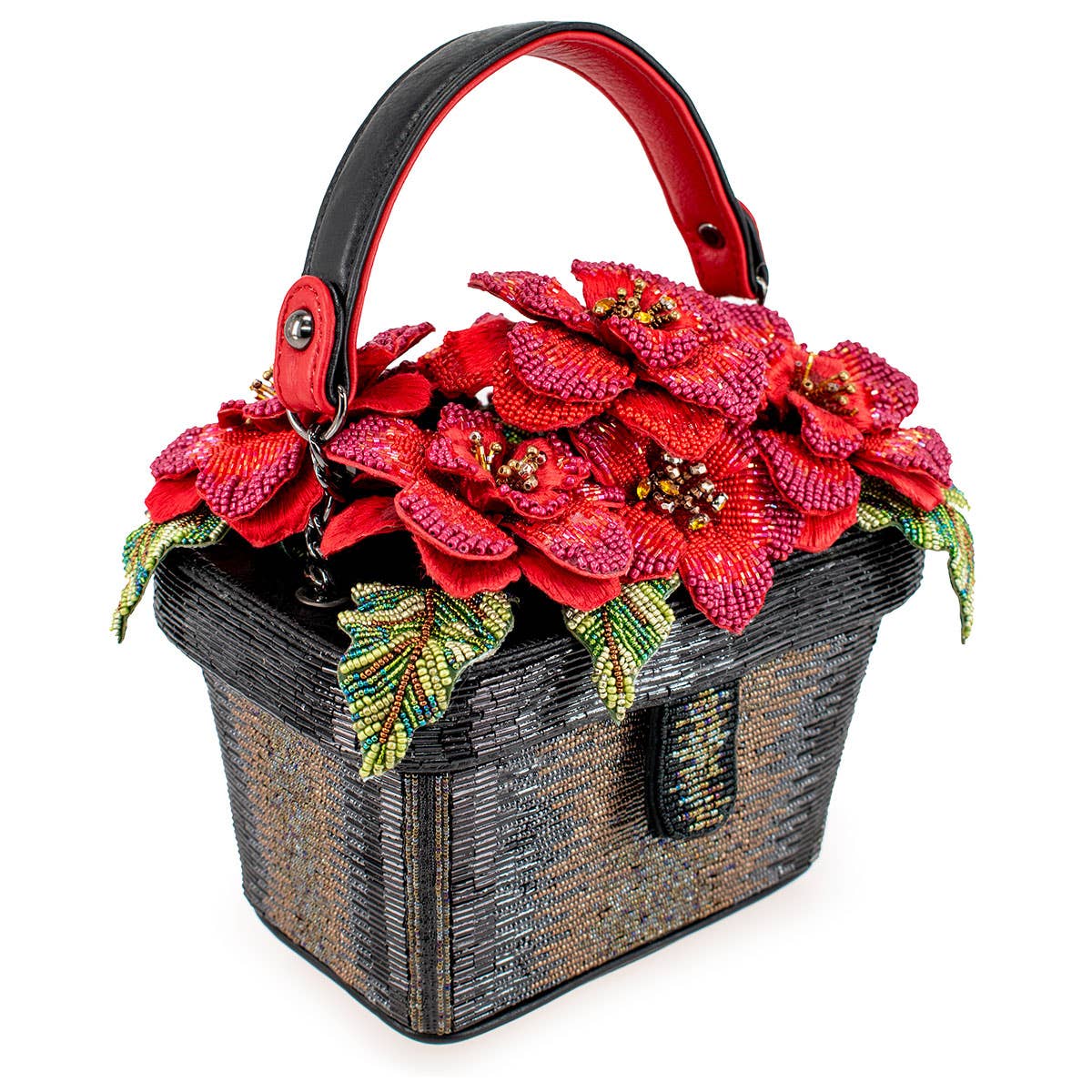 Floral Haven Beaded Red Flower Basket Handbag