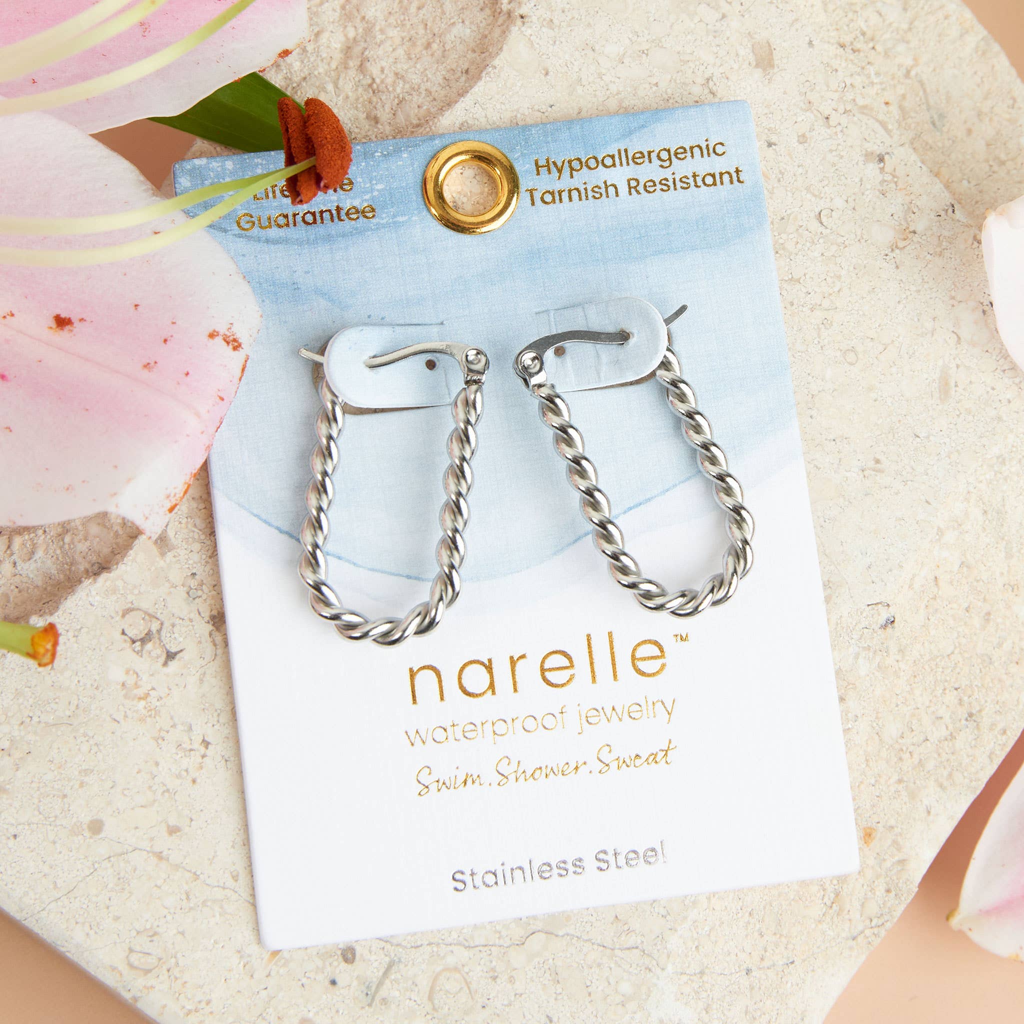 Narelle Waterproof Twisted Hoop Earrings: Silver