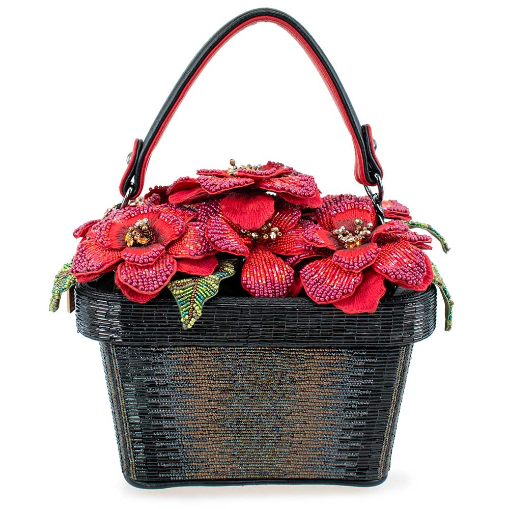 Floral Haven Beaded Red Flower Basket Handbag
