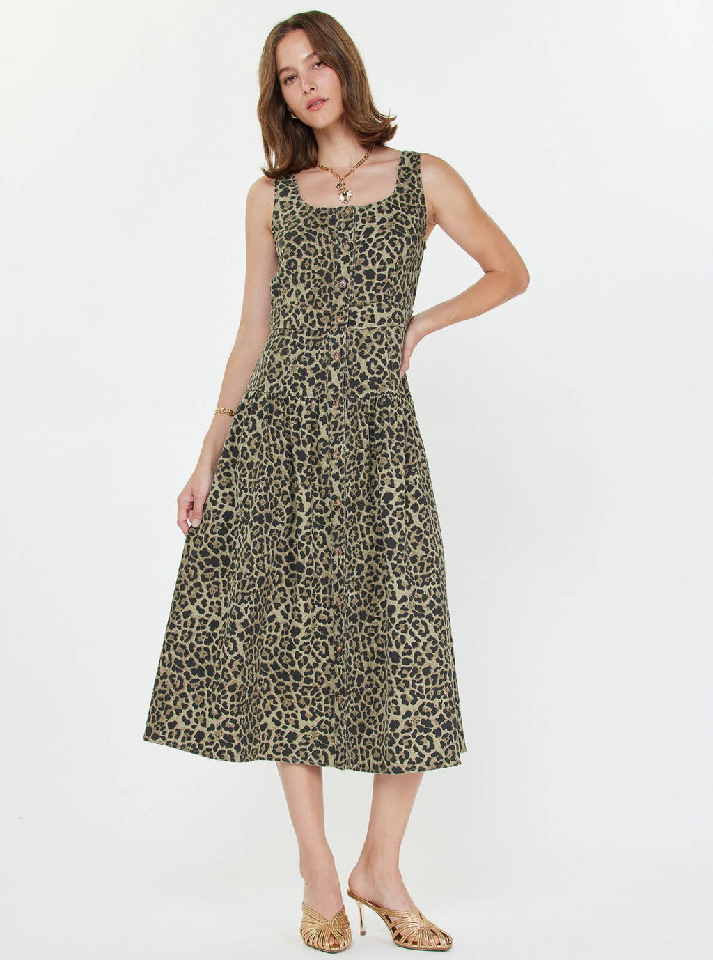 Leopard Sleeveless Bodice Midi Dress: Olive Green Leopard / XS