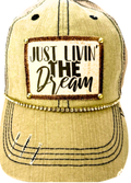 (12) "JUST LIVIN THE DREAM" DISTRESSED TRUCKER HAT: BLING / BLUE