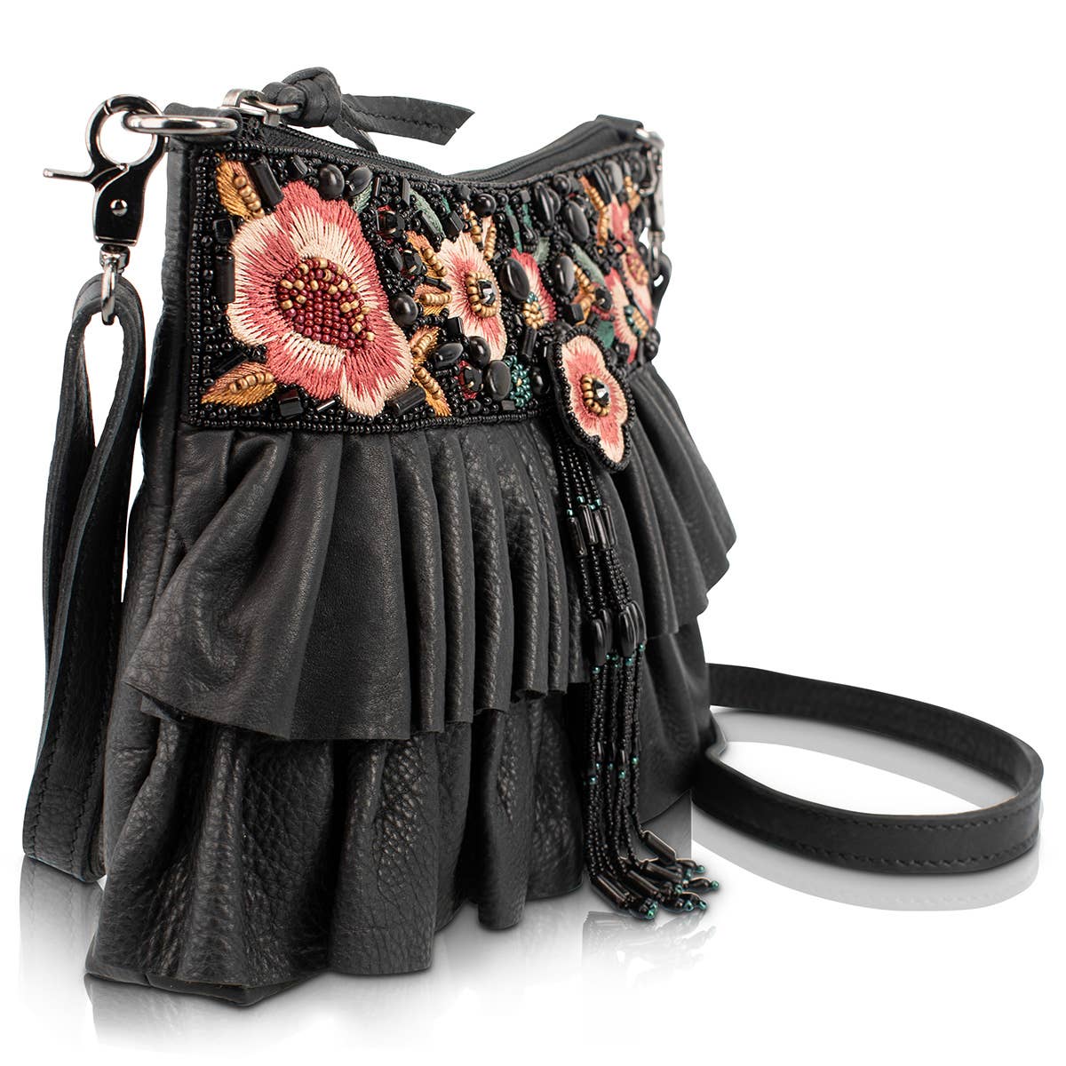 Mary Frances Black Leather Floral Flair Handbag