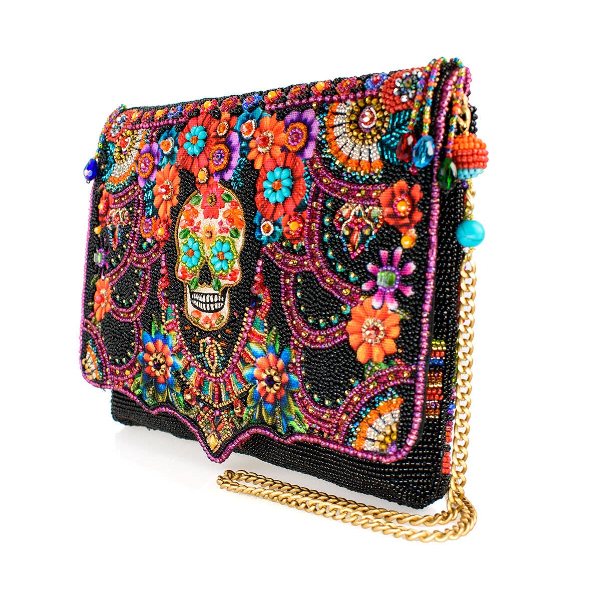 Fiesta Flair Bright Sugar Skull and Beaded Crossbody Handbag