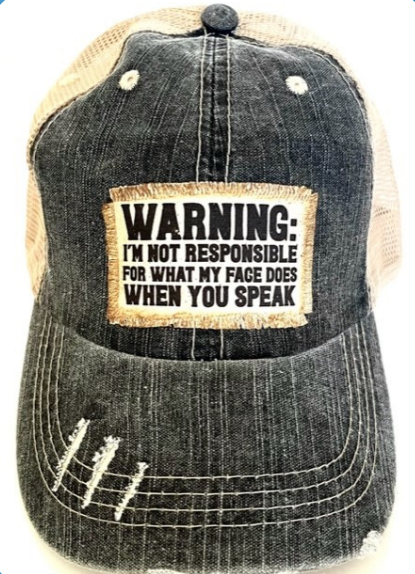 "WARNING I'M NOT RESPONSIBLE'" DISTRESSED TRUCKER HAT(#204) : NO BLING/  BLACK/ KHAKI