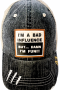 (43) "I'M A BAD INFLUENCE" DISTRESSED TRUCKER HAT: BLING / PINK