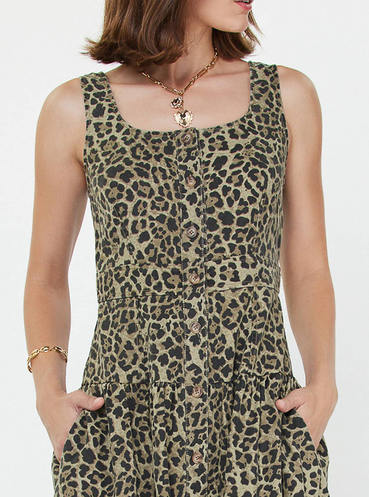 Leopard Sleeveless Bodice Midi Dress: Olive Green Leopard / M