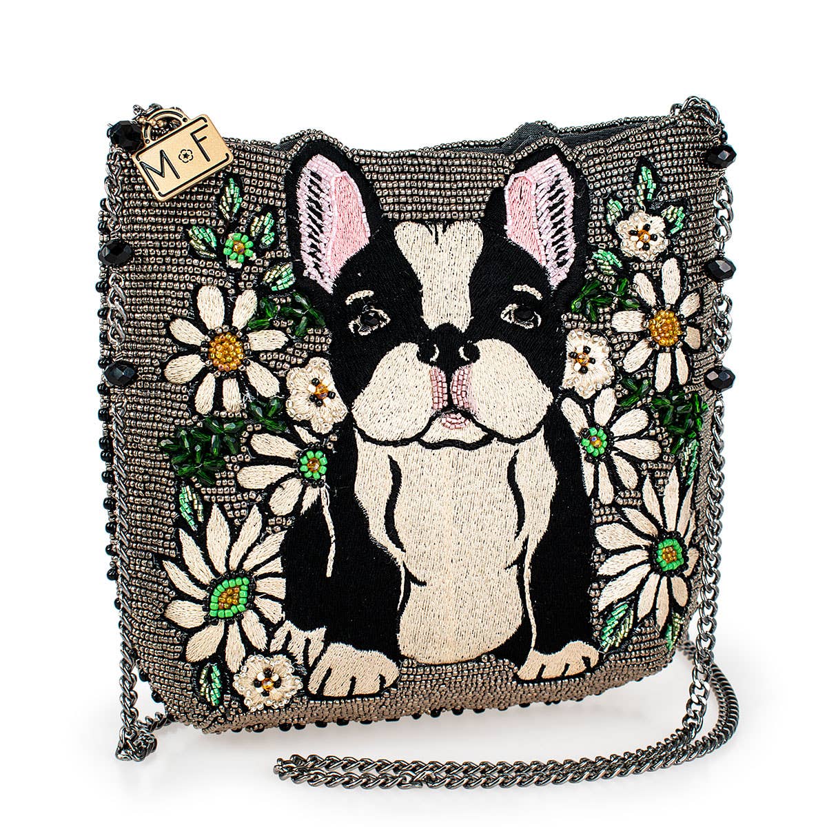 Pardon My Frenchie Beaded Embroidered Dog Crossbody Handbag