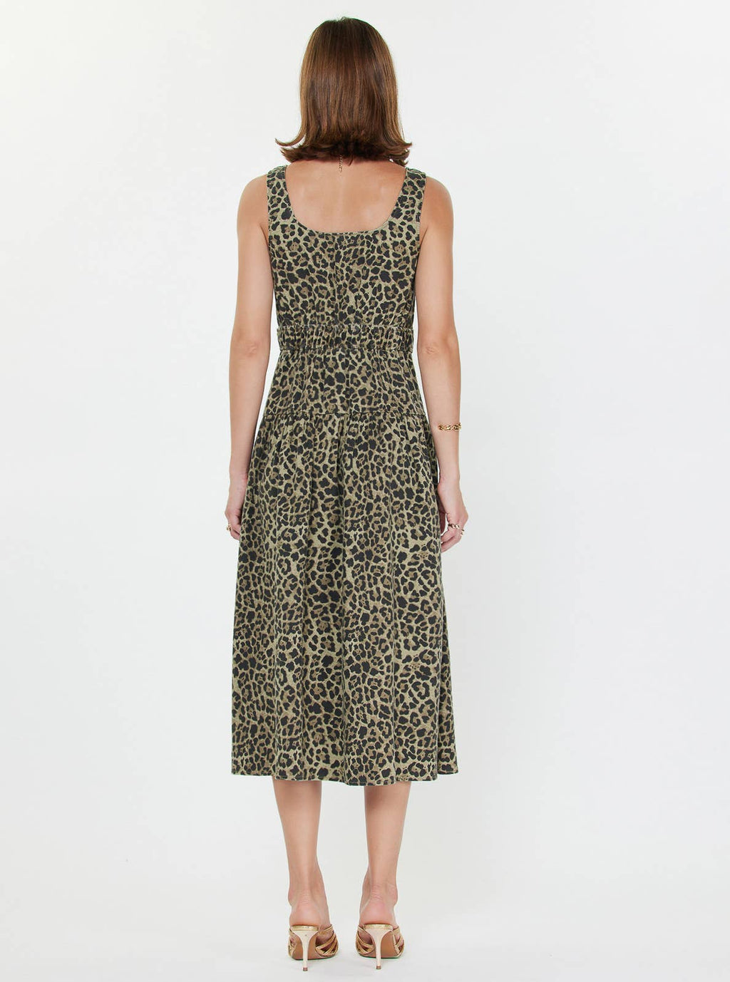 Leopard Sleeveless Bodice Midi Dress: Olive Green Leopard / XS