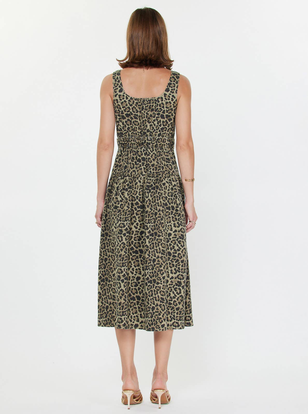 Leopard Sleeveless Bodice Midi Dress: Olive Green Leopard / XS