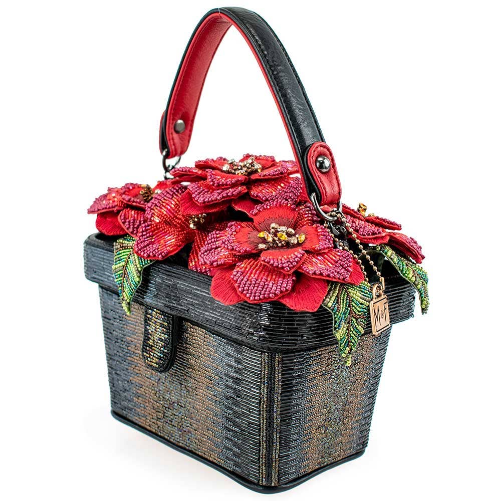 Floral Haven Beaded Red Flower Basket Handbag