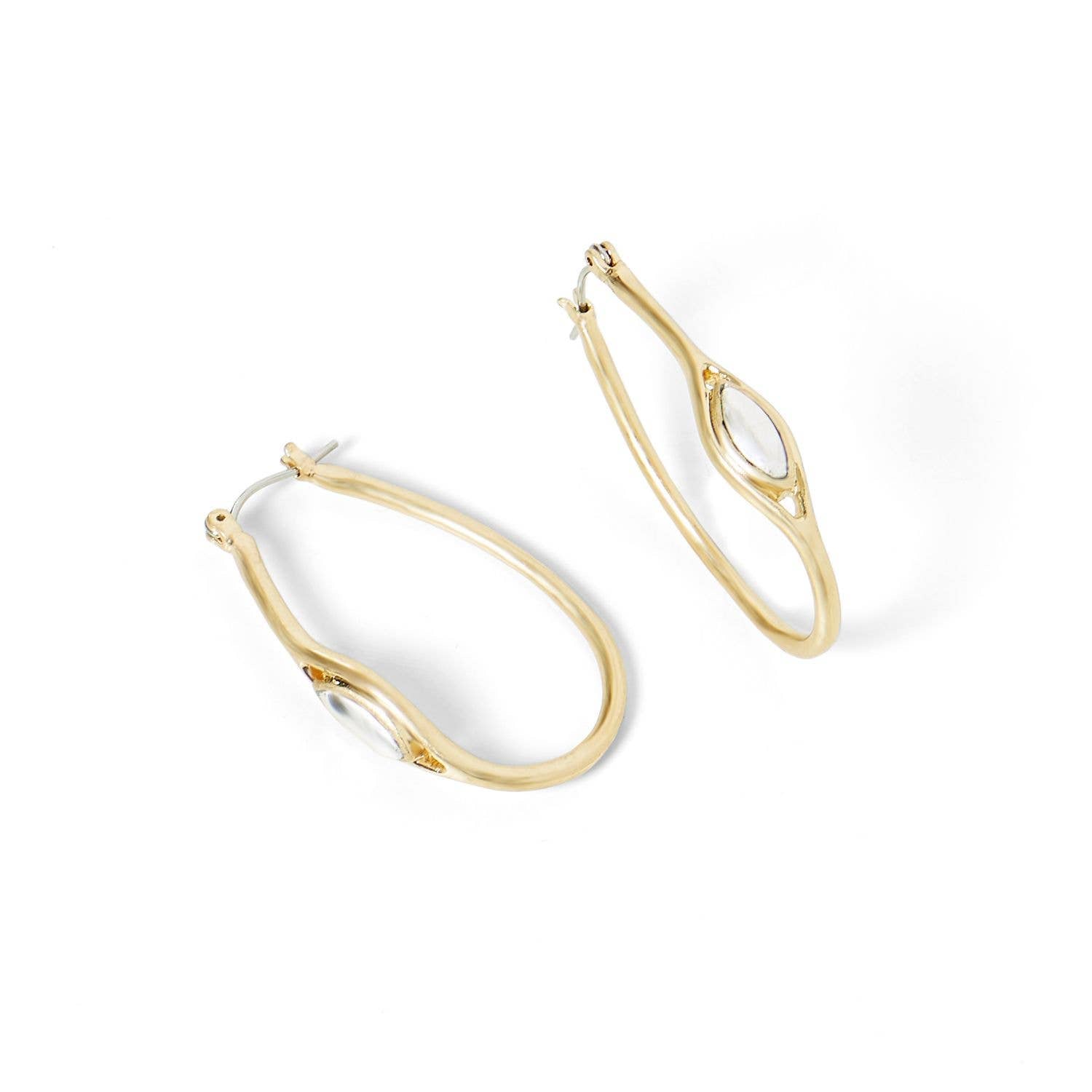 Gold Oval Hoop Earrings w/ Stone on Side