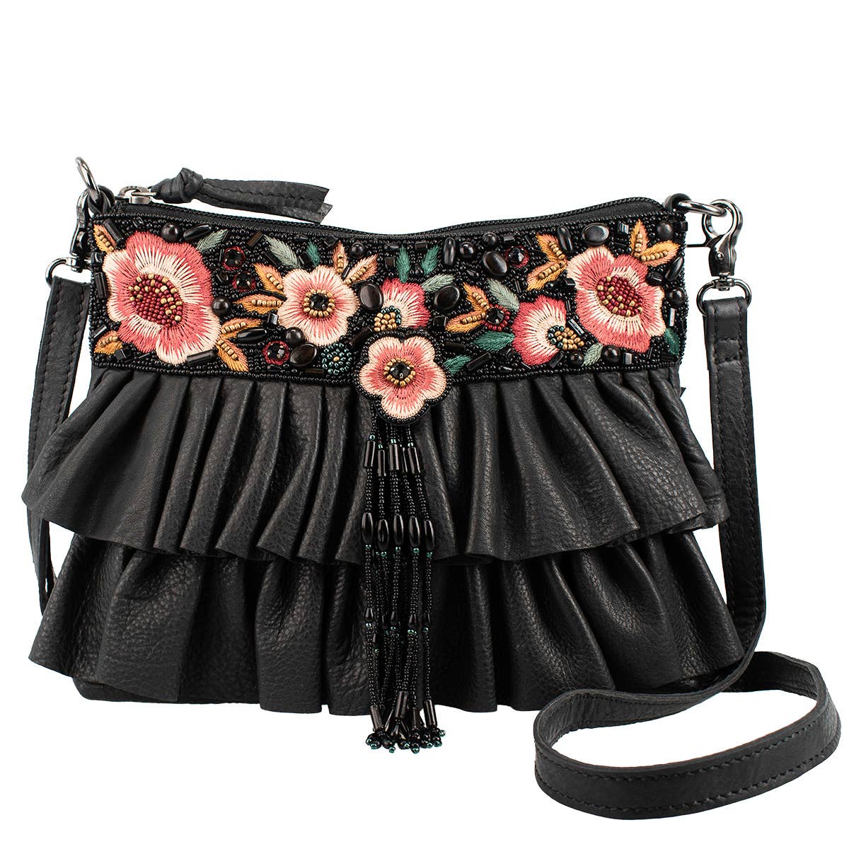 Mary Frances Black Leather Floral Flair Handbag
