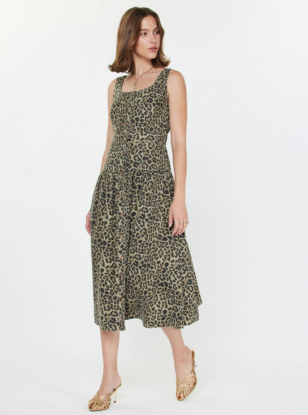 Leopard Sleeveless Bodice Midi Dress: Olive Green Leopard / XS