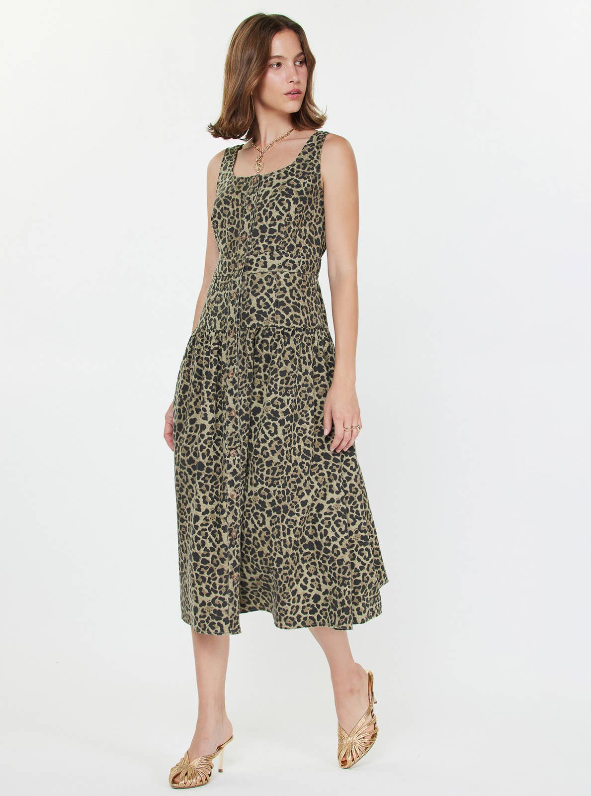 Leopard Sleeveless Bodice Midi Dress: Olive Green Leopard / M